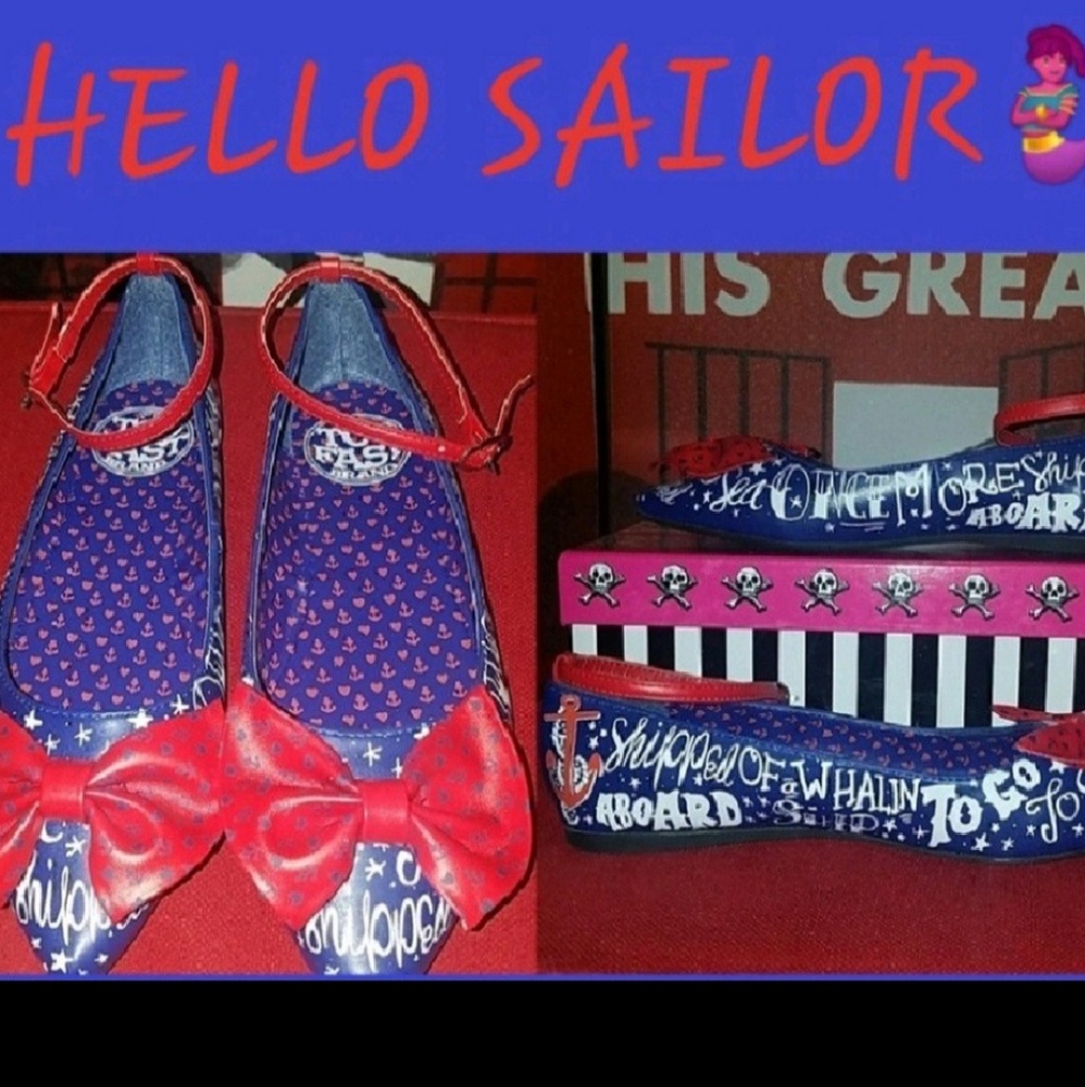 Too Fast All Aboard Sailor Inspired Print Ankle Strap Flat Shoes w Red Bow Box